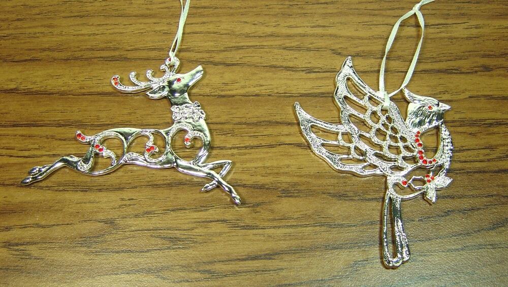 2 METAL ORNAMENTS WITH RED RHINESTONES-REINDEER & CARDINAL-NO BOXES